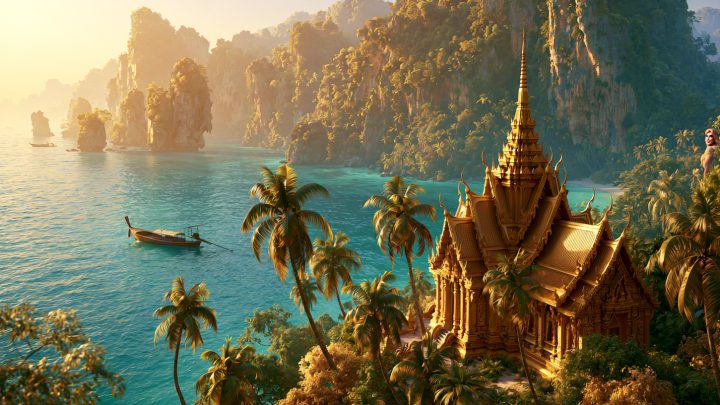 Tropische Bucht Thailands mit Kalksteinfelsen, türkisem Wasser, Longtail-Boot und goldenem Tempel