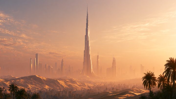 Skyline von Dubai mit dem Burj Khalifa über der Wüste im Abendlicht